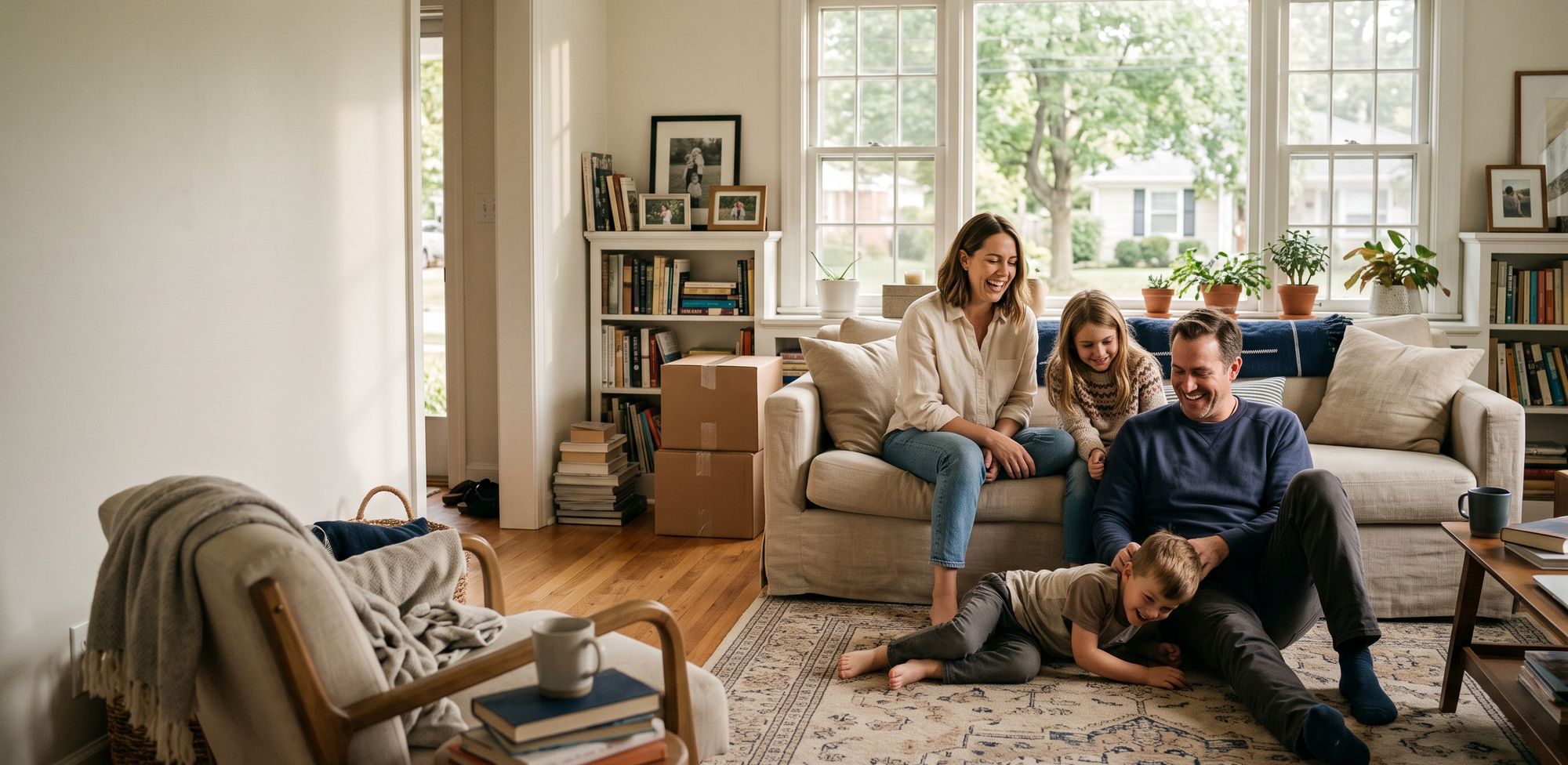 A family laughing together in their living room