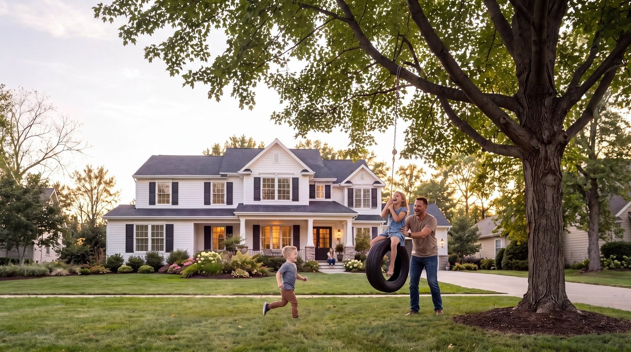 A family at home: mom watching from the porch steps, a little boy running toward the swing, dad pushing his laughing daughter on a tire swing under a big tree.