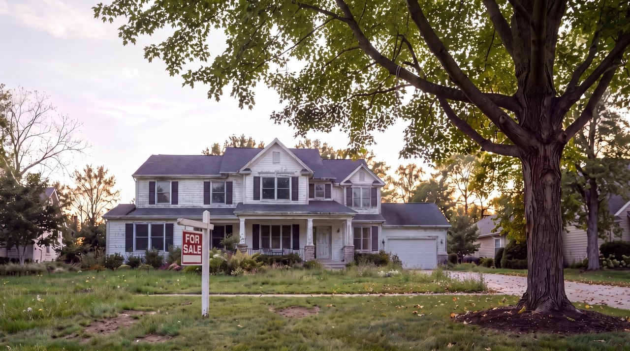 The same house sitting empty and worn, with faded, peeling paint, an overgrown lawn and a For Sale sign in the yard.