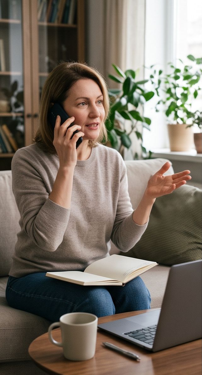 A homeowner on the phone at home, talking through her options