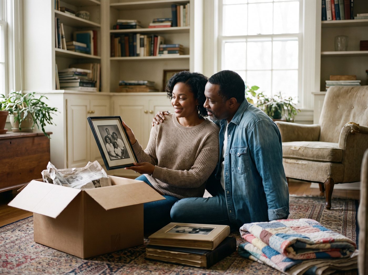 A couple sitting on the floor of a parent's home, looking at a framed family photo while packing keepsakes